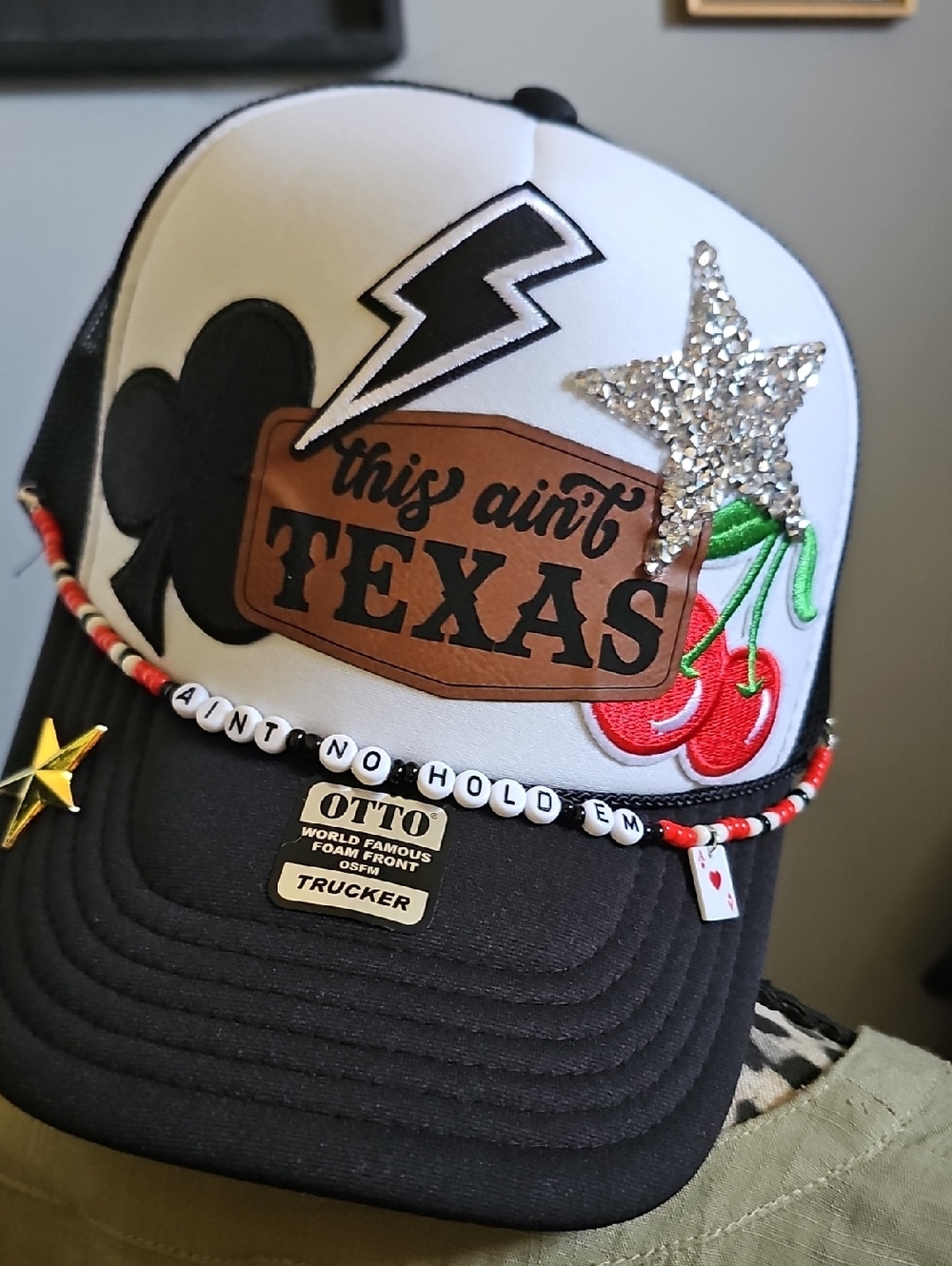 Women's  Black and White 'This Ain't Texas' Trucker Hat with Cherry Patch
